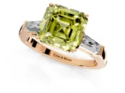 3 Stone Engagement Ring Setting for Fancy Yellow Asscher Cut Center with Tapered Baguettes, Plain Band and Prong Head in Rose Gold
