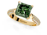 Solitaire Engagement Ring Setting for Fancy Green Princess Cut Center with Multi-Row Accents and Prong Head in Yellow Gold