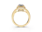 Halo Engagement Ring Setting for Radiant Cut Center with Metal-Rimmed Halo, Pave Band and Prong Head in Yellow Gold
