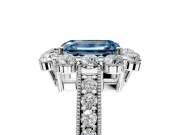 Halo Engagement Ring Setting for Fancy Blue Emerald Cut Center with Milgrain Channel Band and Prong Head in Sterling Silver