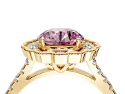 Milgrain Floral Halo Engagement Ring Setting for Fancy Pink Round Cut Center with Pave Band and Prong Head in Yellow Gold