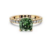 Solitaire Engagement Ring Setting for Fancy Green Cushion Cut Center with Fine Pave Band and Claw Prong Head in Yellow Gold