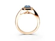 Bezel-Framed Halo Engagement Ring Setting for Fancy Blue Emerald Cut Center with Pave Band and Prong Head in Rose Gold