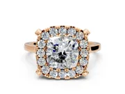 Single Halo Engagement Ring Setting for Cushion Cut Center with Corner Claws, Plain Band and Prong Head in Rose Gold