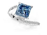 Solitaire Engagement Ring Setting for Fancy Blue Princess Cut Center with Pave Bypass Swirl Band and Prong Head in White Gold
