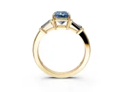 3 Stone Engagement Ring Setting for Fancy Blue Radiant Cut Center with Baguette Accents and Prong Head in Yellow Gold