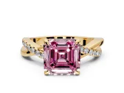 Solitaire Engagement Ring Setting for Fancy Pink Asscher Cut Center with Half-Pave Crossover Band and Prong Head in Yellow Gold