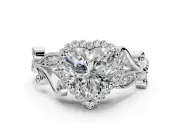 Halo Engagement Ring Setting for Heart-Shaped Center with Leaf Motif Split Shank and Prong Head in Sterling Silver