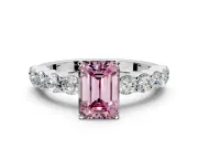 Shared-Prong Engagement Ring Setting for Fancy Pink Emerald Cut Center with Graduated Accents and Prong Head in Platinum