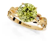 Leaf Engagement Ring Setting for Fancy Yellow Round Cut Center with Milgrain Accent Band and Prong Head in Yellow Gold