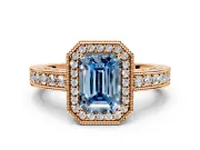 Milgrain Halo Engagement Ring Setting for Fancy Blue Emerald Cut Center with Wide Pave Band and Prong Head in Rose Gold