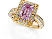 Halo Engagement Ring Setting for Fancy Pink Emerald Cut Center with Framed Halo, Pave Band and Prong Head in Yellow Gold