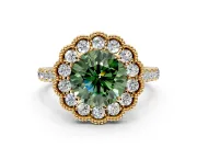 Milgrain Floral Halo Engagement Ring Setting for Fancy Green Round Cut Center with Pave Band and Prong Head in Yellow Gold