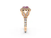 Double Halo Engagement Ring Setting for Fancy Pink Cushion Cut Center with Narrow Pave Split Shank and Prong Head in Rose Gold