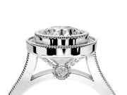 Halo Engagement Ring Setting for Round Cut Center with Milgrain Frame, Pave Band and Prong Head in Platinum