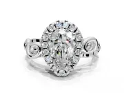 Halo Engagement Ring Setting for Pear-Shaped Center with Open Scroll Shoulders and Prong Head in Sterling Silver