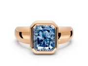 Solitaire Engagement Ring Setting for Fancy Blue Radiant Cut Center with Wide Band and Bezel Head in Rose Gold