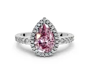 Accent Halo Engagement Ring Setting for Fancy Pink Pear-Shaped Center with Full-Length Pave Band and Prong Head in White Gold