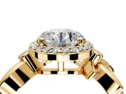 Halo Engagement Ring Setting for Round Cut Center with Floral Band and Prong Head in Yellow Gold