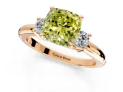 3 Stone Engagement Ring Setting for Fancy Yellow Cushion Cut Center with Wide Plain Band and Prong Head in Rose Gold