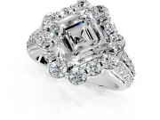 Large Accent Halo Engagement Ring Setting for Asscher Cut Center with Pave Split Shank and Prong Head in Platinum
