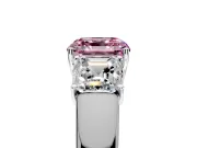 3 Stone Engagement Ring Setting for Fancy Pink Asscher Cut Center with Raised Basket Heads and Prong Head in Platinum