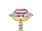 Floral Halo Engagement Ring Setting for Fancy Pink Asscher Cut Center with Pave Accents and Prong Head in Yellow Gold