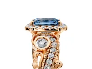 Milgrain Halo Engagement Ring Setting for Fancy Blue Emerald Cut Center with Shoulder Bezels and Prong Head in Rose Gold