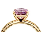 Solitaire Engagement Ring Setting for Fancy Pink Radiant Cut Center with Milgrain X Pattern Band and Prong Head in Yellow Gold