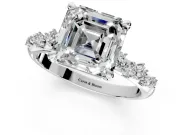 Solitaire Engagement Ring Setting for Asscher Cut Center with Trailing Leaf Accent Band and Prong Head in Sterling Silver