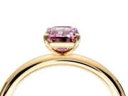 Low-Set Solitaire Engagement Ring Setting for Fancy Pink Emerald Cut Center with Thin Plain Band and Prong Head in Yellow Gold