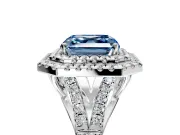 Double Halo Engagement Ring Setting for Fancy Blue Asscher Cut Center with Narrow Pave Split Shank and Prong Head in Platinum