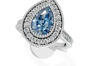 Halo Engagement Ring Setting for Fancy Blue Pear-Shaped Center with Milgrain Frame, Pave Band and Prong Head in Sterling Silver