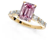 Baguette Engagement Ring Setting for Fancy Pink Emerald Cut Center with Alternating Bar-Set Band and Prong Head in Yellow Gold
