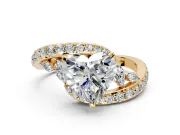 Solitaire Engagement Ring Setting for Heart-Shaped Center with Pave Bypass Twist Band and Prong Head in Yellow Gold