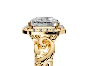 Halo Engagement Ring Setting for Radiant Cut Center with Open Scroll Shoulders and Prong Head in Yellow Gold