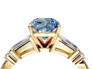 Bar-Set Engagement Ring Setting for Fancy Blue Cushion Cut Center with Tapered Baguette Accents and Prong Head in Yellow Gold
