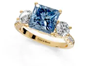 3 Stone Engagement Ring Setting for Fancy Blue Princess Cut Center with Crossover Basket, Pave Band and Prong Head in Yellow Gold