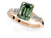 Bar-Set Engagement Ring Setting for Fancy Green Emerald Cut Center with Tapered Baguette Accents and Prong Head in Rose Gold