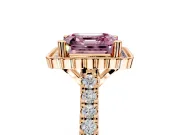 Milgrain Floral Halo Engagement Ring Setting for Fancy Pink Asscher Cut Center with Pave Band and Prong Head in Rose Gold