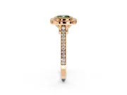 Halo Engagement Ring Setting for Fancy Green Cushion Cut Center with Milgrain Frame, Pave Band and Prong Head in Rose Gold