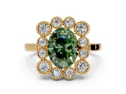 Cluster Halo Engagement Ring Setting for Fancy Green Oval Center with Milgrain Bezel Accents and Prong Head in Yellow Gold