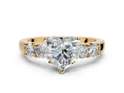 5 Stone Engagement Ring Setting for Heart-Shaped Center with Plain Band and Prong Head in Yellow Gold