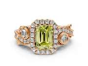 Milgrain Halo Engagement Ring Setting for Fancy Yellow Emerald Cut Center with Shoulder Bezels and Prong Head in Rose Gold