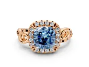 Halo Engagement Ring Setting for Fancy Blue Cushion Cut Center with Open Scroll Shoulders and Prong Head in Rose Gold