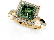 Halo Engagement Ring Setting for Fancy Green Princess Cut Center with Pave and Plain Twist Band and Prong Head in Yellow Gold