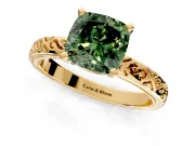 Solitaire Engagement Ring Setting for Fancy Green Cushion Cut Center with Scrollwork Band and Prong Head in Yellow Gold