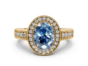 Milgrain Halo Engagement Ring Setting for Fancy Blue Oval Center with Pave Band and Prong Head in Yellow Gold