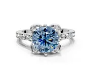 Floral Engagement Ring Setting for Fancy Blue Round Cut Center with Pave Band and Floral Prong Head in Platinum