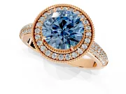 Milgrain Halo Engagement Ring Setting for Fancy Blue Round Cut Center with Three-Sided Pave Band and Prong Head in Rose Gold